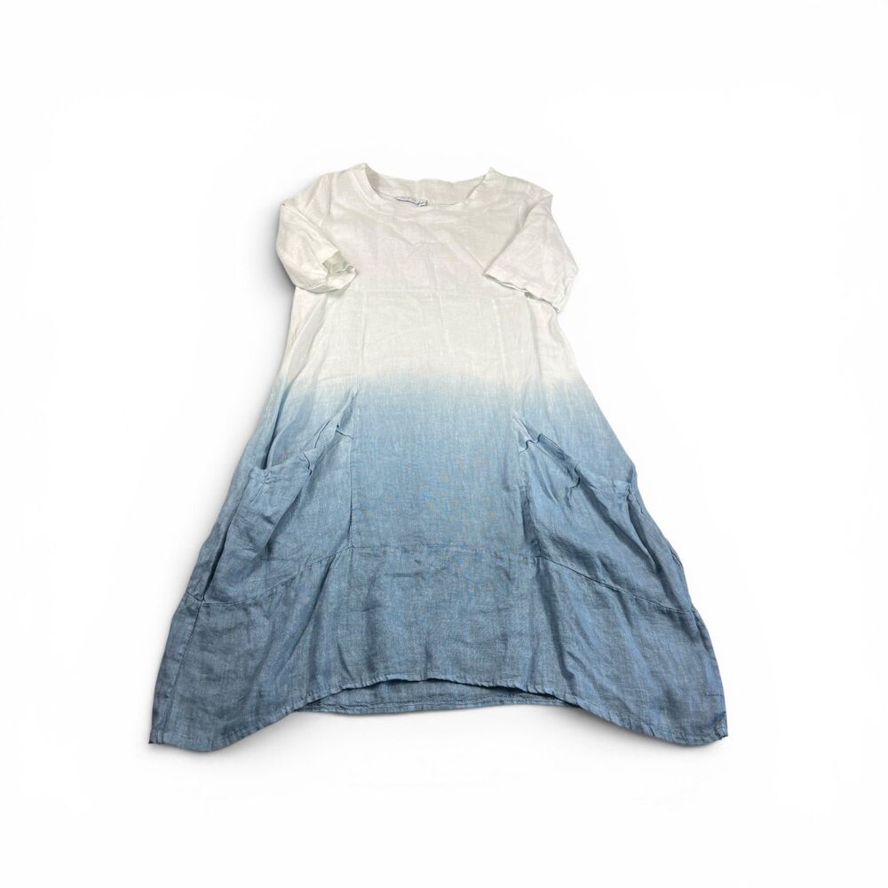 Vasna Linen Midi Dress Ombre Relaxed Fit Lagenlook Boho Breathable Pullover S